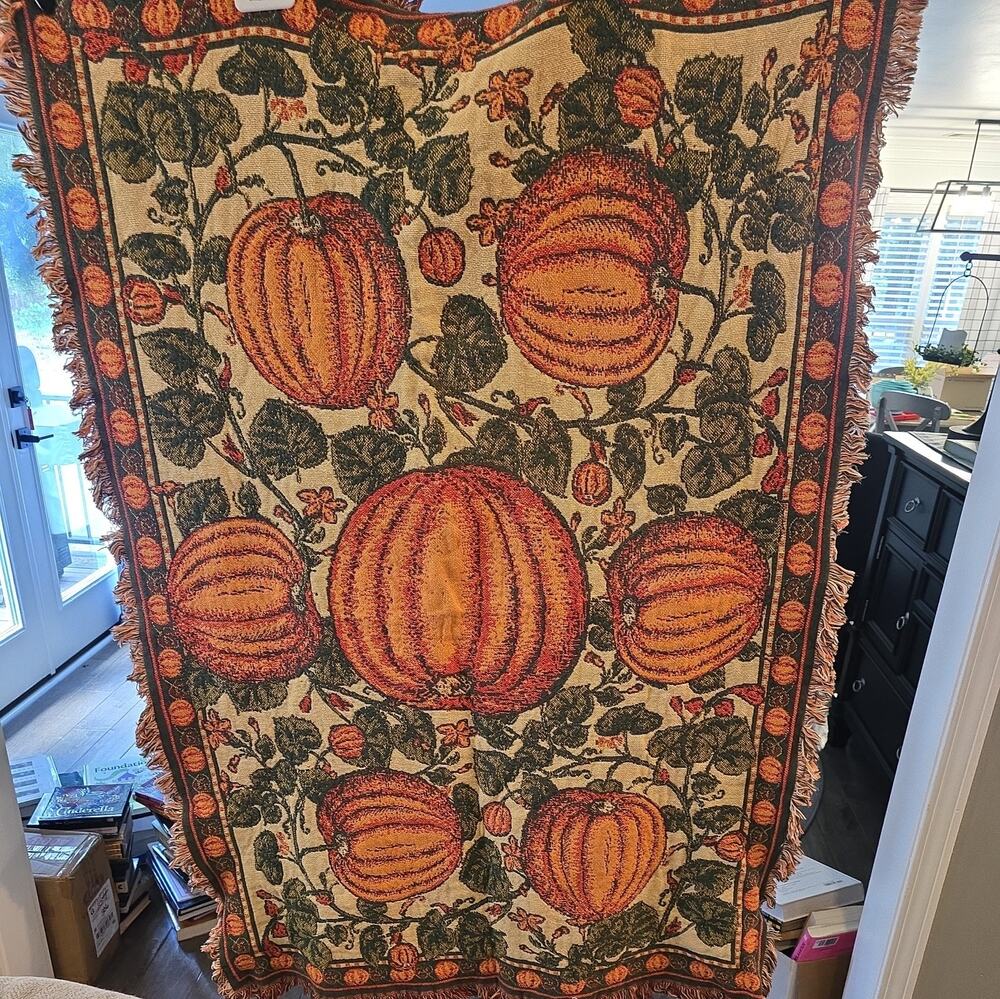 Vtg Woven Tapestry Throw Blanket 70” Pumpkin Fringe Border Autumn Cottage Core